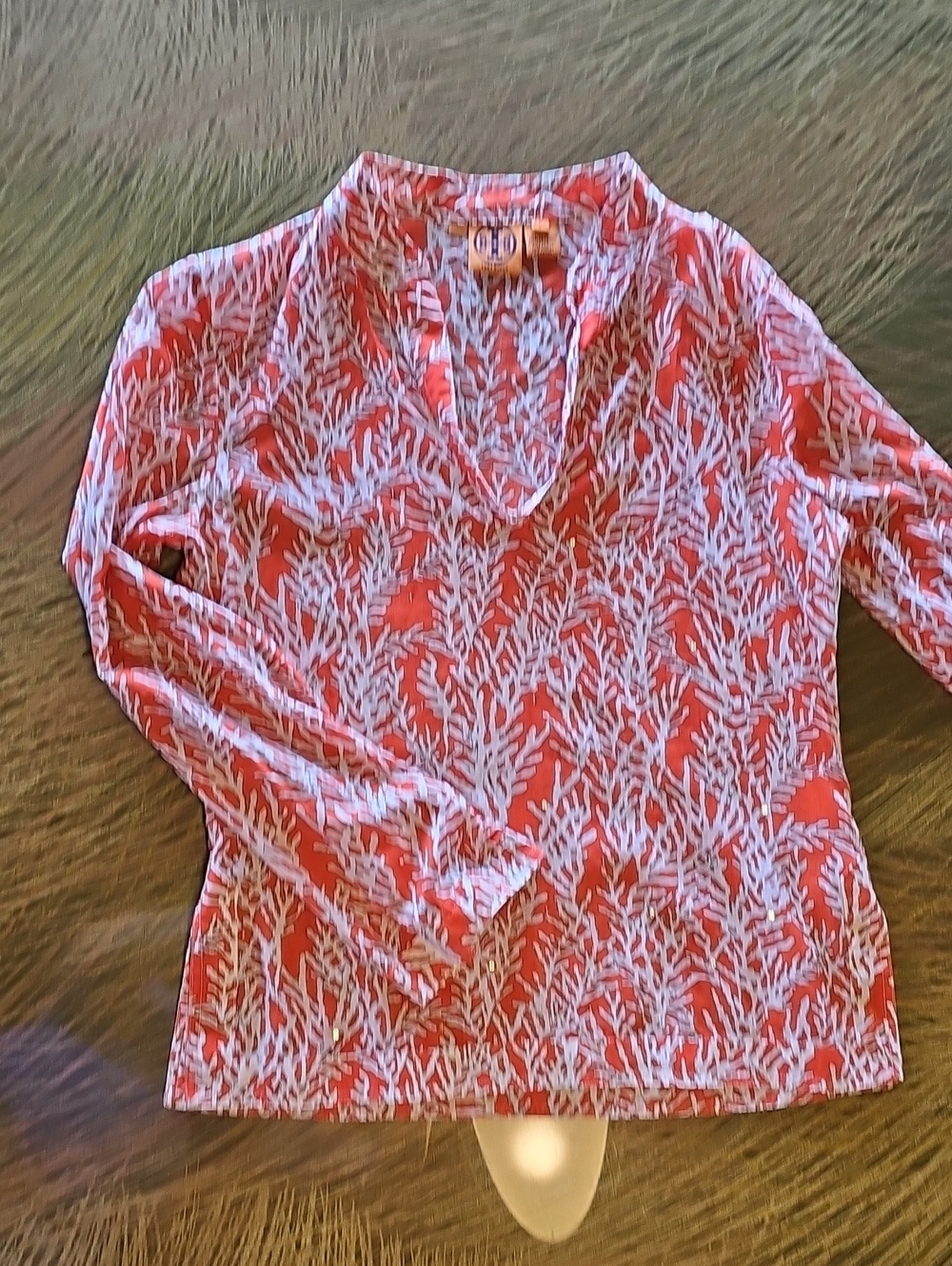 Tory Burch Coral and White V-Neck Long Sleeve Top